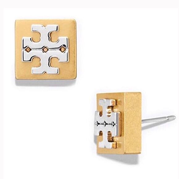 TORY BURCH COLOR BLOCK TWO TONE STUD EARRINGS - Picture 1 of 6